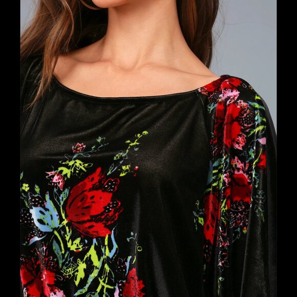 Free People Slouchy Babe Black Floral Print Velvet Bodysuit - Picture 4 of 5